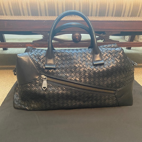 NEW Christopher Kon 100% Genuine Woven Leather Satchel Black - Bottega V Style - Picture 1 of 5
